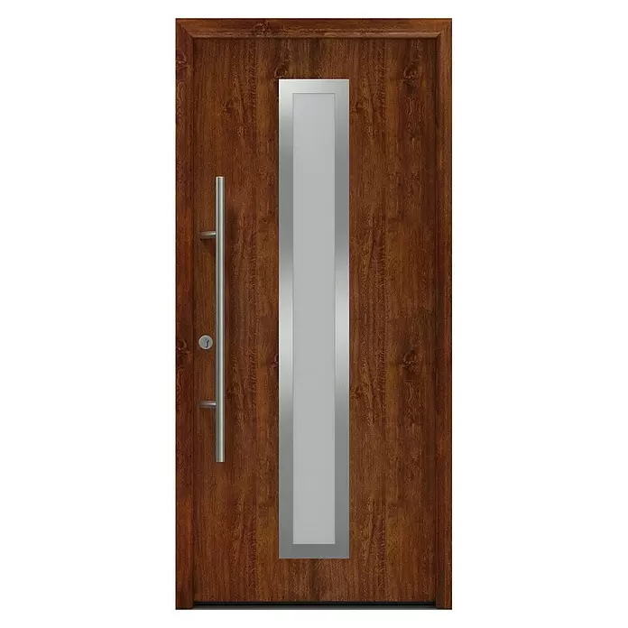 Hörmann EcoStar Haustür ISOPRO Secur IPS 700S - 110 x 210 cm, DIN Anschlag: Links, Dark Oak - Moderne dunkle Holztür mit mittigem silbernem/satiniertem Glaspaneel, Stangengriff und Schlüsselloch.