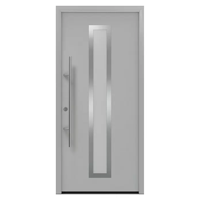 Hörmann EcoStar Haustür ISOPRO Secur IPS 700S - 110 x 210 cm, DIN Anschlag: Links, Weißaluminium - Moderne hellgraue Tür mit vertikaler Milchglasplatte in gebürstetem Metallrahmen und langem Edelstahlgriff.
