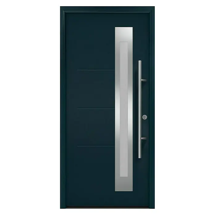Hörmann EcoStar Haustür ISOPRO Secur IPS 780S - 110 x 210 cm, DIN Anschlag: Rechts, Anthrazitgrau - Elegante Haustür in Dunkelblau mit senkrechtem silberfarbenen Element und Griff. Die moderne Tür bietet Stil und Sicherheit für jedes Zuhause.
