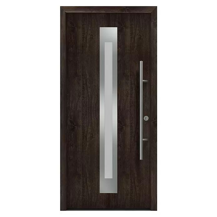 Hörmann EcoStar Haustür ISOPRO Secur IPS 770S - 110 x 210 cm, DIN Anschlag: Rechts, Night Oak - Dunkelbraune Holztür mit zentralem vertikalem Milchglasfeld und langem silbernem Stangengriff.