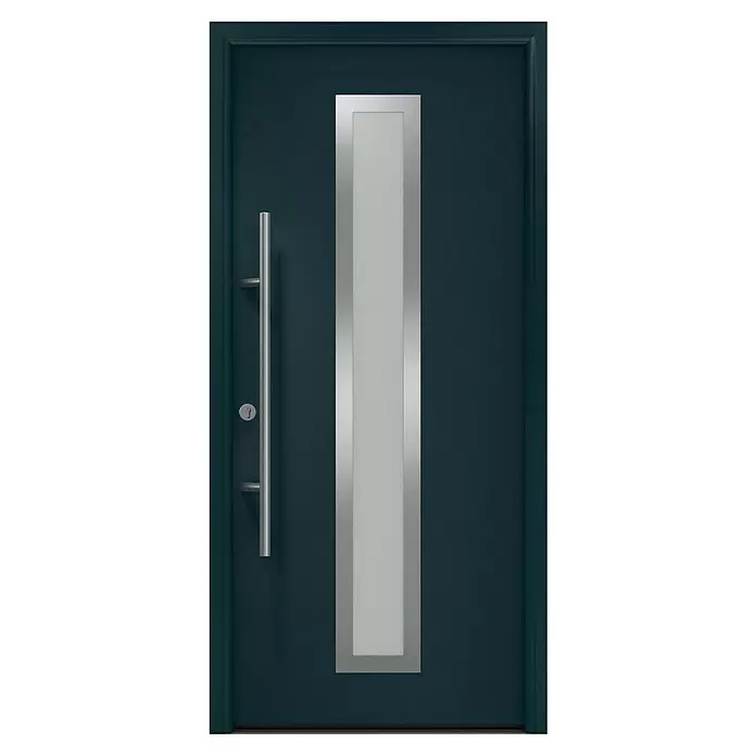 Hörmann EcoStar Haustür ISOPRO Secur IPS 700S - 110 x 210 cm, DIN Anschlag: Links, Anthrazitgrau - Dunkelblaue moderne Haustür mit langem silbernem Stangengriff, Schlüsselloch und vertikalem Milchglaseinsatz mit silbernem Rahmen.