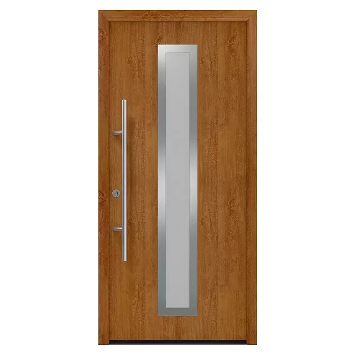 Hörmann EcoStar Haustür ISOPRO Secur IPS 700S - 110 x 210 cm, DIN Anschlag: Links, Golden Oak - Moderne Holztür mit vertikaler, silbergerahmter Milchglasscheibe, langem silbernem Stangengriff und Schlüsselloch.