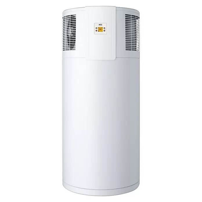 AEG Warmwasser-Wärmepumpe EL - Heizleistung: 1,3 W - 1,6 W, Fassungsvermögen: 220 l - Weißer AEG Wärmepumpen-Warmwasserspeicher mit Lüftungsgittern oben und Digitalanzeige 36.