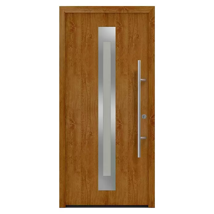 Hörmann EcoStar Haustür ISOPRO Secur IPS 770S - 110 x 210 cm, DIN Anschlag: Rechts, Golden Oak - Moderne hellbraune Holztür mit vertikalem, silbergerahmtem Milchglaspanel und langem silbernen Stangengriff.