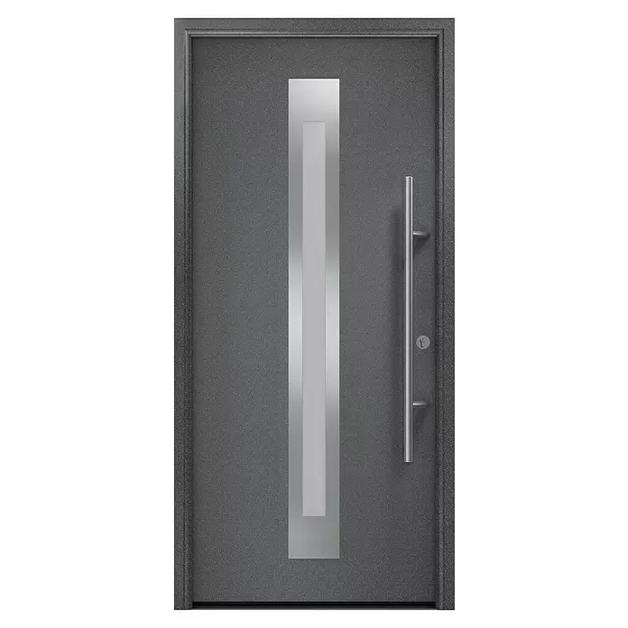 Hörmann EcoStar Haustür ISOPRO Secur IPS 770S - 110 x 210 cm, DIN Anschlag: Rechts, CH 703 Anthrazit Metallic - Moderne graue Tür mit vertikaler Milchglasscheibe und langem Griff aus gebürstetem Metall.