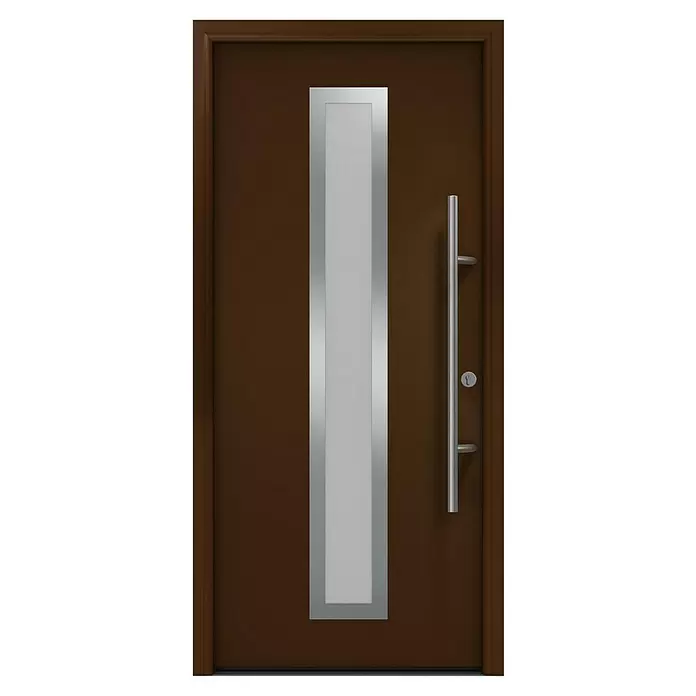Hörmann EcoStar Haustür ISOPRO Secur IPS 700S - 110 x 210 cm, DIN Anschlag: Rechts, Terrabraun - Moderne braune Eingangstür mit vertikalem Glaspaneel, silbernem Rahmen und langem Stangengriff.