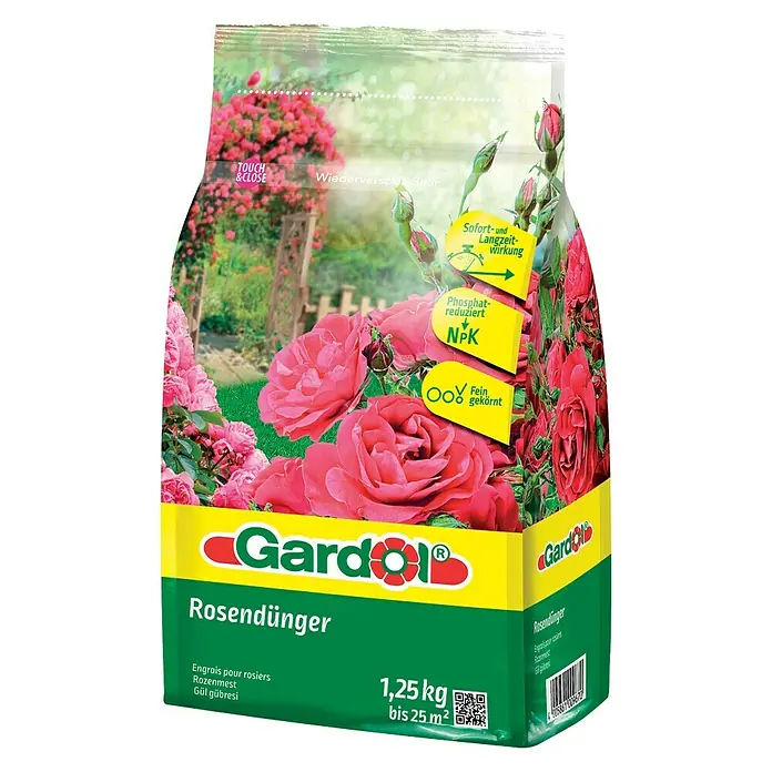 Gardol Rosendünger - 1,25 kg, Max. Anwendungsfläche: 25 m² - Abbildung einer Packung Gardol Rosendünger. Ideal für üppige Rosenblüten und gesundes Wachstum. Sofort- und Langzeitwirkung.