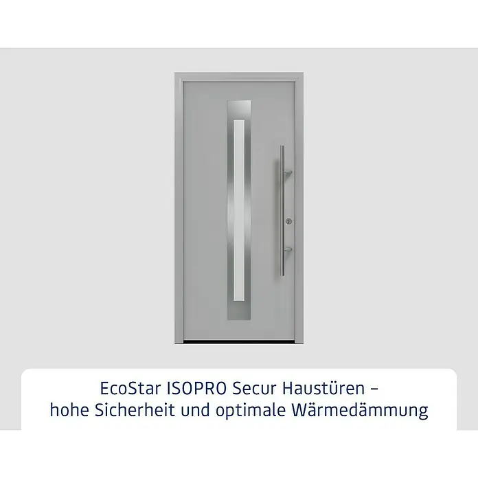 Hörmann EcoStar Haustür ISOPRO Secur IPS 770S - 110 x 210 cm, DIN Anschlag: Rechts, Weißaluminium - Ein graues EcoStar ISOPRO Secur Haustür Modell mit einem schmalen, vertikalen Glasfenster und einem langen, silbernen Griff.