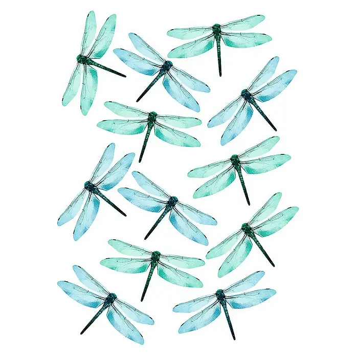 Vinilo de pared cristal - 21 x 29,7 cm, Azul, Plástico - Un elegante patrón de libélulas turquesas, que aporta un toque de naturaleza y tranquilidad a cualquier espacio. Ideal para decoraciones.