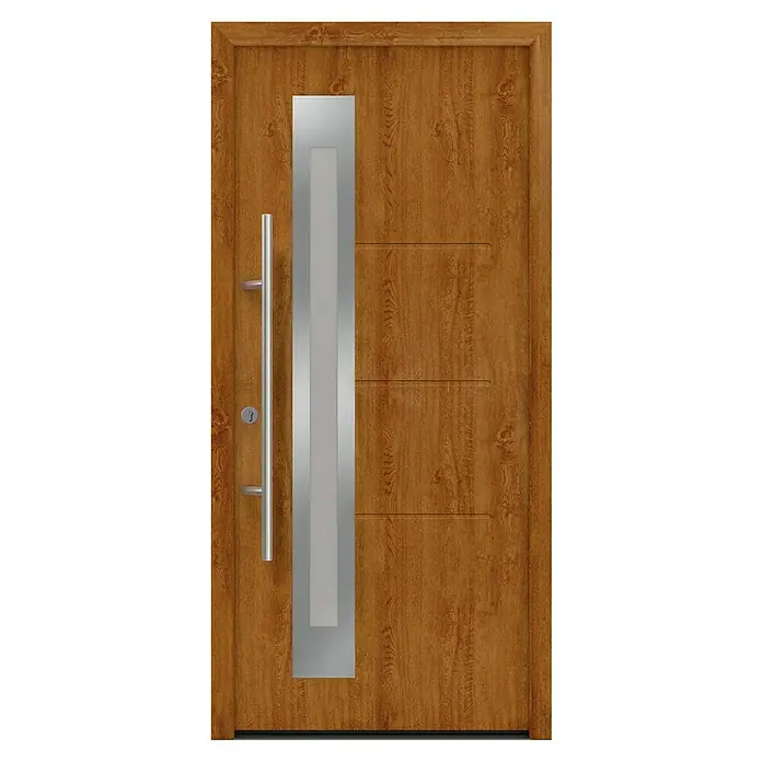 Hörmann EcoStar Haustür ISOPRO Secur IPS 780S - 110 x 210 cm, DIN Anschlag: Links, Golden Oak - Eine moderne Holztür mit einem vertikalen Metalleinsatz und einem langen, schlanken Griff. Das Design ist schlicht und elegant.
