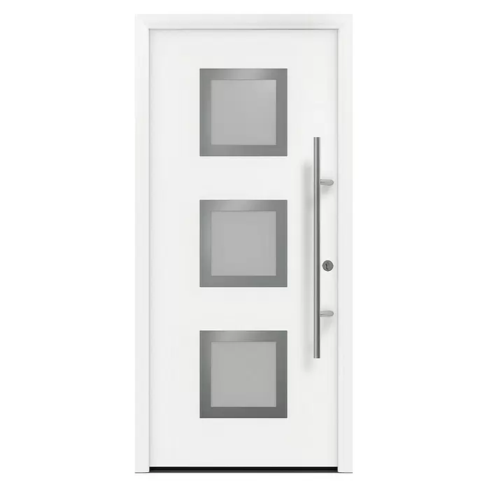 Hörmann EcoStar Haustür ISOPRO Secur IPS 810S - 110 x 210 cm, DIN Anschlag: Rechts, Verkehrsweiß - Weiße moderne Haustür mit drei quadratischen Milchglas-Einsätzen und vertikalem silbernen Griff.