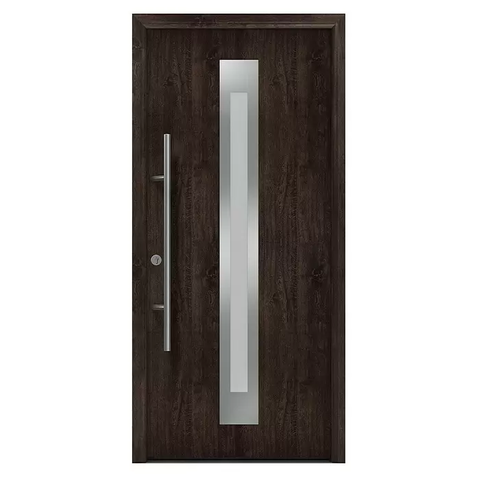 Hörmann EcoStar Haustür ISOPRO Secur IPS 770S - 110 x 210 cm, DIN Anschlag: Links, Night Oak - Dunkle Holzeingangstür mit vertikalem Milchglaseinsatz, langem silbernem Stoßgriff und Schlüsselloch.