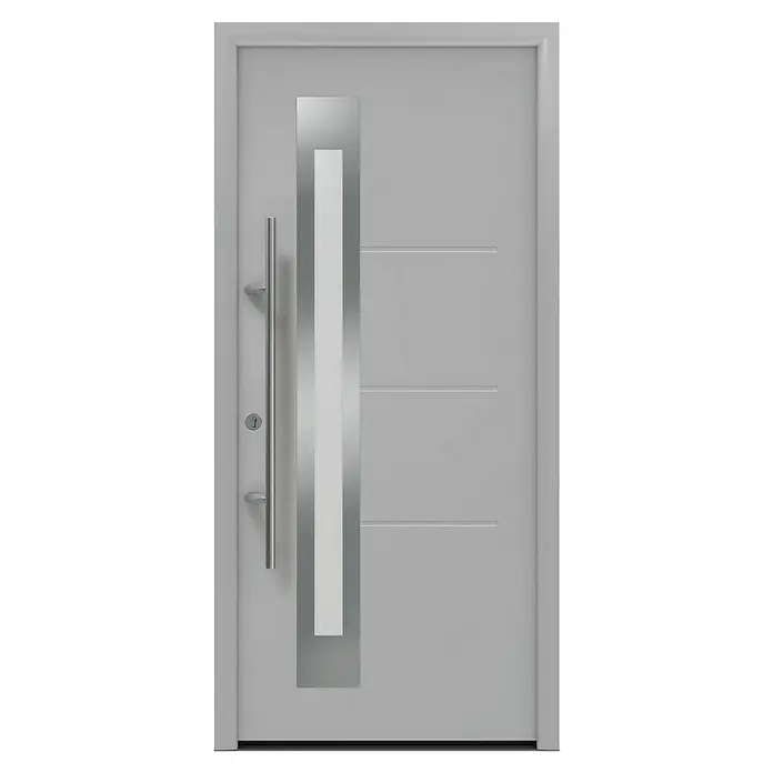 Hörmann EcoStar Haustür ISOPRO Secur IPS 780S - 110 x 210 cm, DIN Anschlag: Links, Weißaluminium - Eine moderne graue Haustür mit Edelstahlgriff und einem vertikalen Designelement, das die Tür optisch aufwertet.