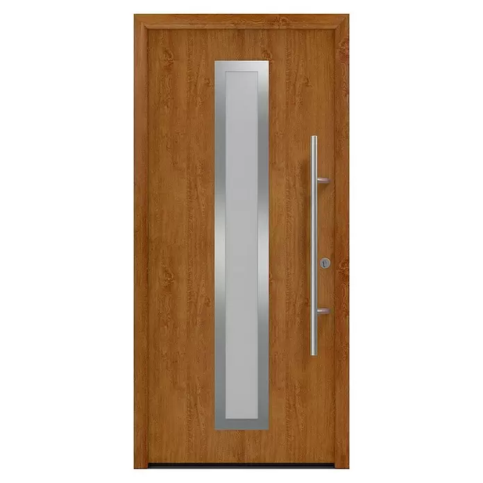 Hörmann EcoStar Haustür ISOPRO Secur IPS 700S - 110 x 210 cm, DIN Anschlag: Rechts, Golden Oak - Braune Holztür mit vertikalem Milchglaseinsatz und langem Edelstahlgriff.