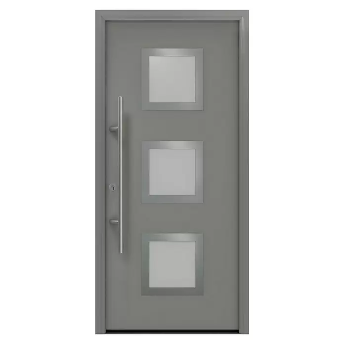 Hörmann EcoStar Haustür ISOPRO Secur IPS 810S - 110 x 210 cm, DIN Anschlag: Links, Graualuminium - Graue moderne Tür mit drei quadratischen Milchglasfenstern und einem langen Edelstahlgriff.