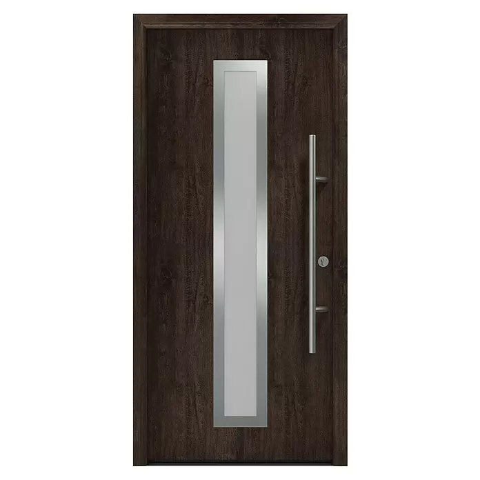 Hörmann EcoStar Haustür ISOPRO Secur IPS 700S - 110 x 210 cm, DIN Anschlag: Rechts, Night Oak - Dunkle Holztür mit vertikalem Milchglaseinsatz und langem, gebürstetem Metallgriff.