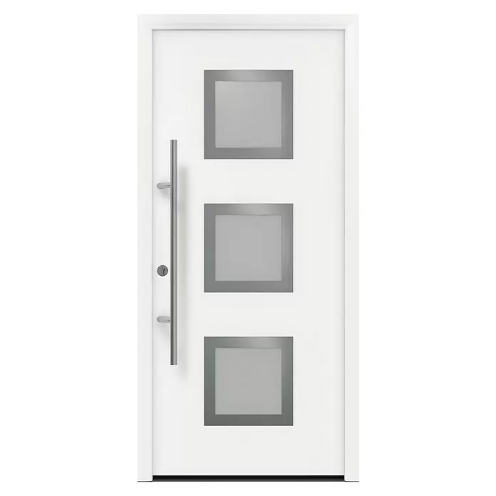 Hörmann EcoStar Haustür ISOPRO Secur IPS 810S - 110 x 210 cm, DIN Anschlag: Links, Verkehrsweiß - Moderne weiße Tür mit drei quadratischen Milchglasscheiben und langem silbernem Stangengriff.