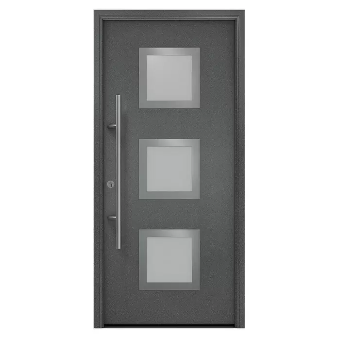 Hörmann EcoStar Haustür ISOPRO Secur IPS 810S - 110 x 210 cm, DIN Anschlag: Links, CH 703 Anthrazit Metallic - Moderne dunkelgraue Eingangstür mit Textur, gebürstetem Metallgriff, Schloss und drei Milchglasquadraten.