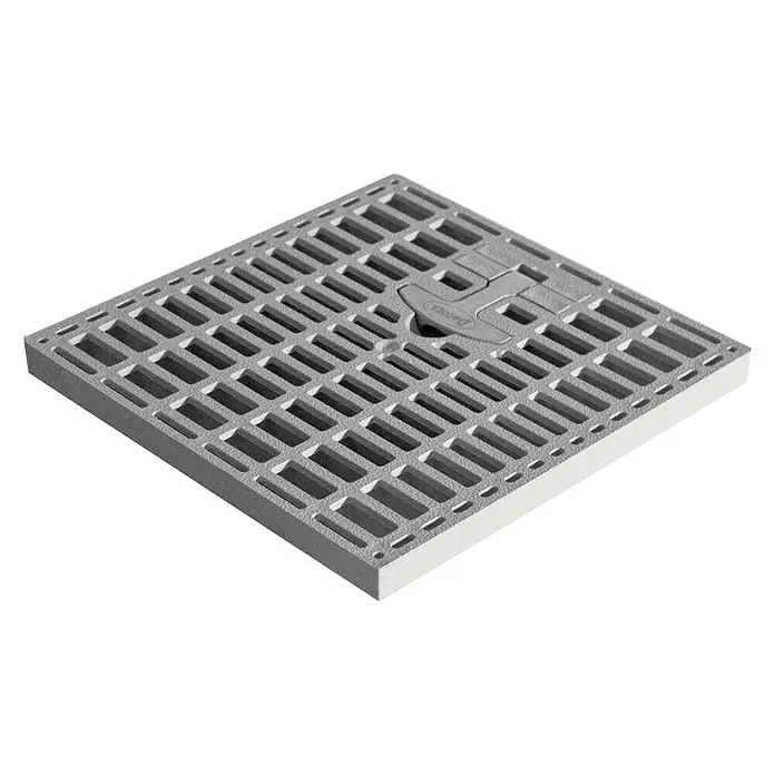 Dakota Rejilla para arqueta - 30 x 30 cm, Polipropileno - La imagen muestra una tapa de alcantarilla cuadrada gris con un elemento de elevación central, ideal para sistemas de drenaje.