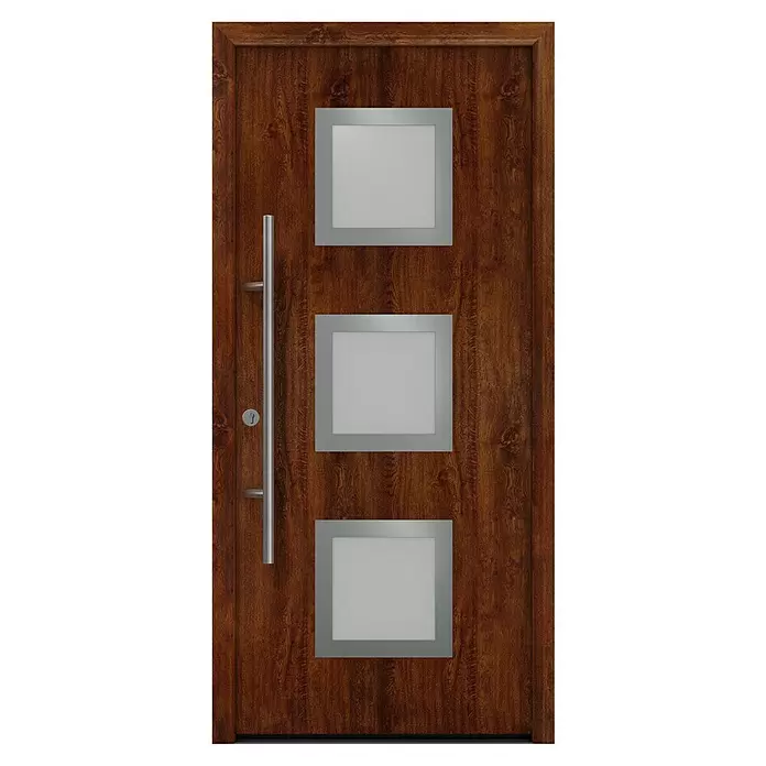Hörmann EcoStar Haustür ISOPRO Secur IPS 810S - 110 x 210 cm, DIN Anschlag: Links, Dark Oak - Dunkle Holztür mit drei quadratischen Milchglas-Einsätzen und langem silbernem Griff.