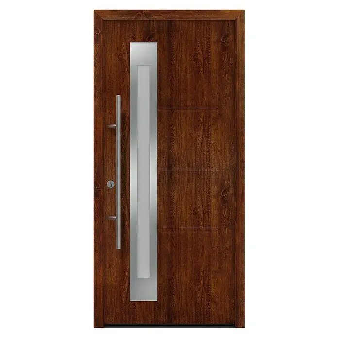 Hörmann EcoStar Haustür ISOPRO Secur IPS 780S - 110 x 210 cm, DIN Anschlag: Links, Dark Oak - Moderne Holztür mit vertikalem Edelstahlgriff und rechteckiger Glasblende, die ein zeitgemäßes Design und Robustheit vereint.