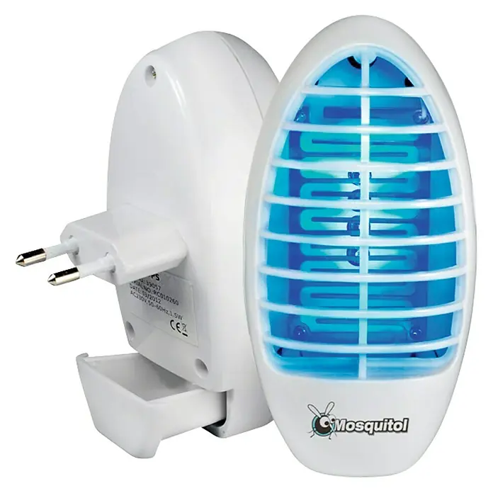 Antimosquitos Mosquitol - Blanco, 230 V - Primer plano de una trampa para mosquitos blanca con luz azul, ideal para el control de insectos en interiores en su hogar.