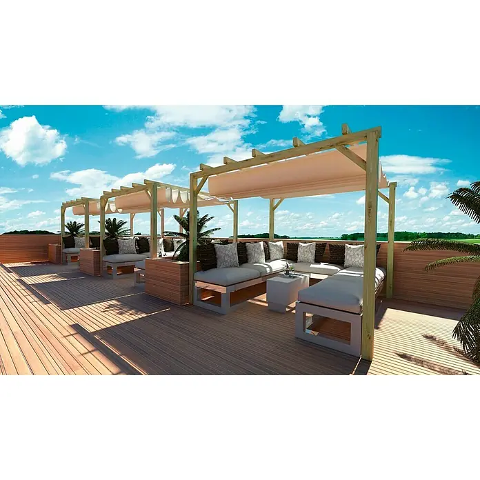 Pérgola con toldo corredero Eco - L x An: 300 x 300 cm, Natural - Área de patio cubierta con cómodos asientos y ambiente relajante. La estructura de madera ofrece sombra y estilo.