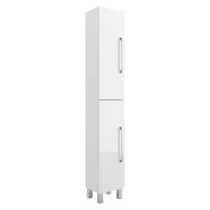 Armario alto de baño Mythos - 24 x 30 x 182 cm - Armario alto de baño blanco con dos puertas y tiradores plateados, ideal para almacenamiento adicional.