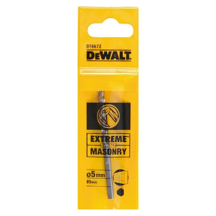 DeWalt Broca para hormigón y mampostería DT6675-XJ - 1 ud., Diámetro de la broca: 6 mm - Imagen de una broca para mampostería DeWalt DT6672 Extreme en su embalaje amarillo.