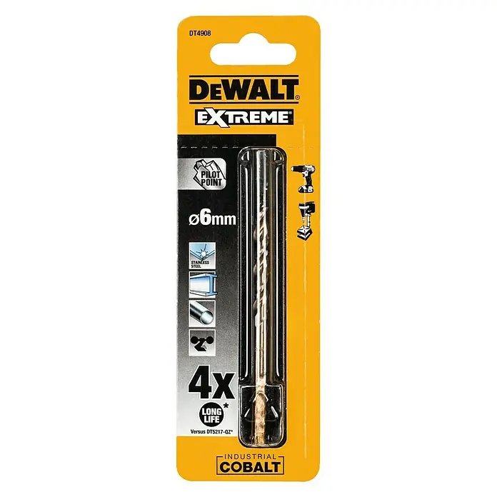 DeWalt Broca para metal DT4908-QZ - 1 ud., Diámetro de la broca: 6 mm - Primer plano de una broca para metal DeWalt Extreme Ø6mm Cobalt en embalaje amarillo.