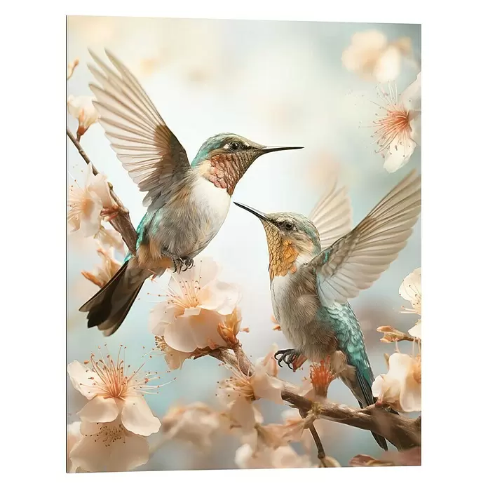 Reinders Decopanel - Spring Birds, B x H: 40 x 50 cm - Zwei farbenprächtige Kolibris mit grünblauen und rotbraunen Federn sitzen auf einem Ast mit zarten hellrosa Blüten.