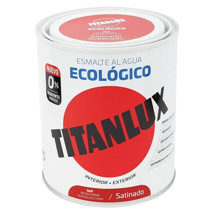Titanlux Esmalte de color Eco - Rojo China, Satinado, 750 ml, Base de agua - Bote de pintura al agua Titanlux, ecológica, color Rojo China, acabado satinado para interior y exterior.
