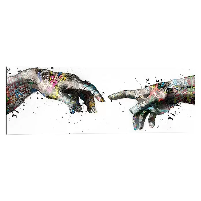 Reinders Decopanel - Creation Art, B x H: 90 x 30 cm - Lebendiger Pop-Art-Druck: zwei Hände reichen sich, inspiriert von Schöpfung Adams, mit bunten Graffiti.