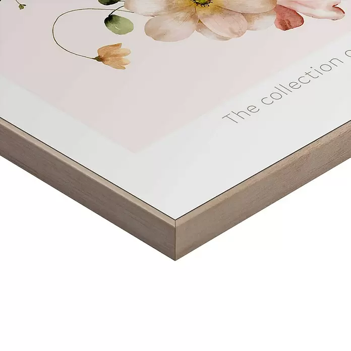 Reinders Bild Slim Frame Wood - Herbarium, B x H: 30 x 40 cm - Heller Holzrahmen mit Aquarellblumen und dem Text 'The collection'.