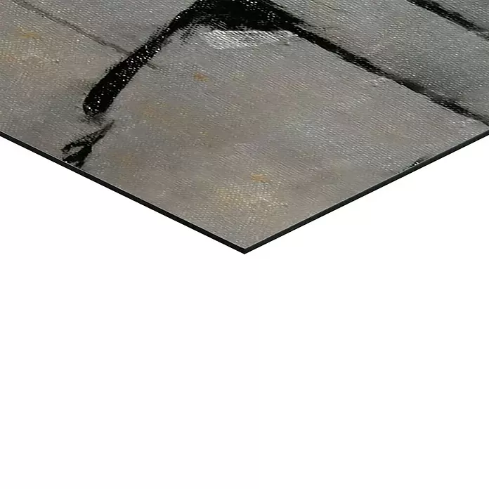 Reinders Decopanel - Golden Face, B x H: 60 x 90 cm - Graue, strukturierte Platte mit schwarzen, abstrakten Strichen und feinen orangefarbenen Sprenkeln.