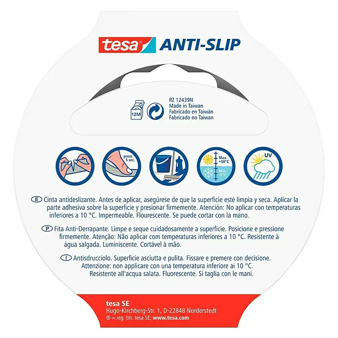 Tesa Cinta de señalización antideslizante Fluor - L x An: 5 m x 25 mm - Cinta antideslizante Tesa con varios símbolos e información sobre la aplicación y características del producto.