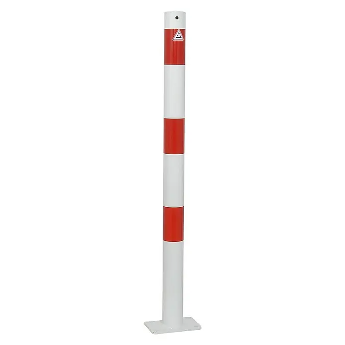 Schake Sperrpfosten - Ø x H: 60 x 900 mm, Stahl, Aufdübeln, Weiß/Rot, Ohne Öse - Warnpfosten mit rot-weissen Streifen und Fussplatte zur Bodenbefestigung. Das Produkt dient zur Absperrung und Kennzeichnung von Gefahrenbereichen.