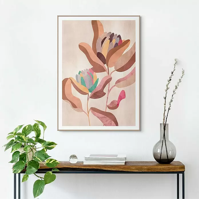 Reinders Bild Slim Frame Wood - Earth Flowers, B x H: 50 x 70 cm - Gerahmter abstrakter Blumendruck mit Holzrahmen, an Wand über Konsolentisch als Wohndekor.
