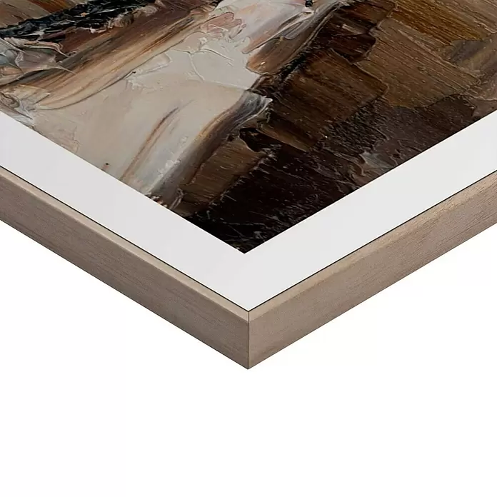Reinders Bild Slim Frame Wood - Drinking Wine, B x H: 50 x 70 cm - Ecke eines gerahmten abstrakten Ölgemäldes, braune/beige Pinselstriche, weißes Passepartout, heller Holzrahmen.
