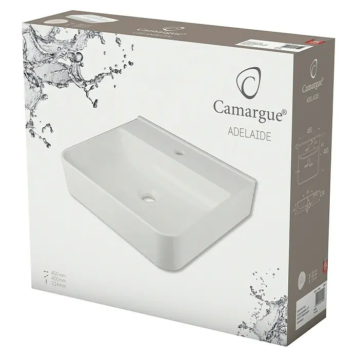 Camargue Waschbecken Adelaide - B x L: 45 x 40 cm, Ohne Spezialglasur, Hahnloch: Mitte, Ohne Überlauf, Weiß - Kartonverpackung mit einem weißen Camargue Adelaide Waschbecken. Verpackung zeigt Wasserspritzer und Produktabmessungen.
