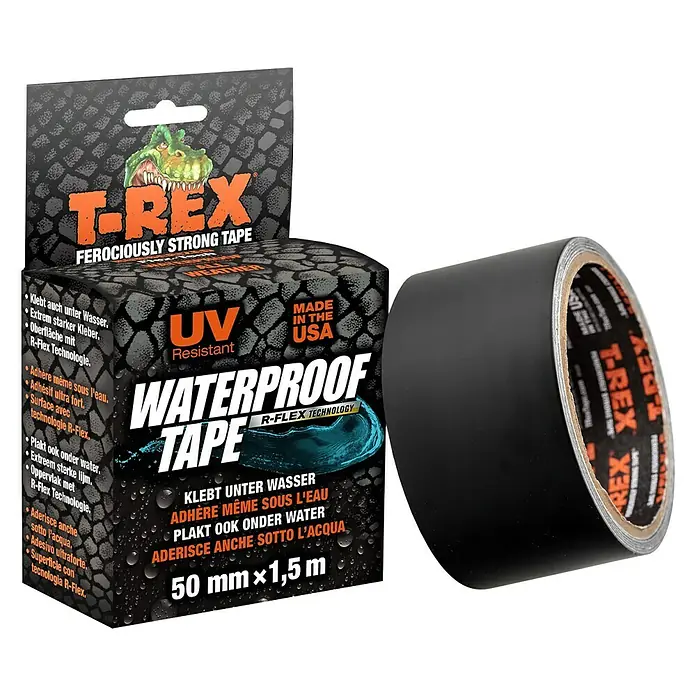 T-Rex Reparaturband Waterproof Tape - Schwarz, 1,5 m x 50 mm - Schwarzes T-Rex Waterproof Tape, eine extrem starke und wasserdichte Klebelösung für verschiedenste Anwendungen.