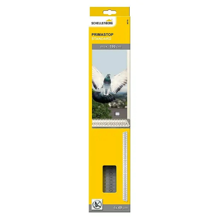 Schellenberg TaubenschutzL x B x H: 49 x 4,3 x 2 cm - Produktverpackung Schellenberg Primastop Standard mit Taubenabwehrspikes und Größenangabe, ideal zur Vogelabwehr auf Oberflächen.