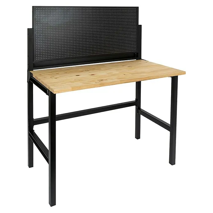 Werkbank Klappbar - L x B: 64,6 x 121,5 cm, Arbeitshöhe: 142 cm, Belastbarkeit: 150 kg - Ein Werkbanktisch mit einer hellbraunen Holzoberfläche und einer schwarzen Lochplatte im Hintergrund.