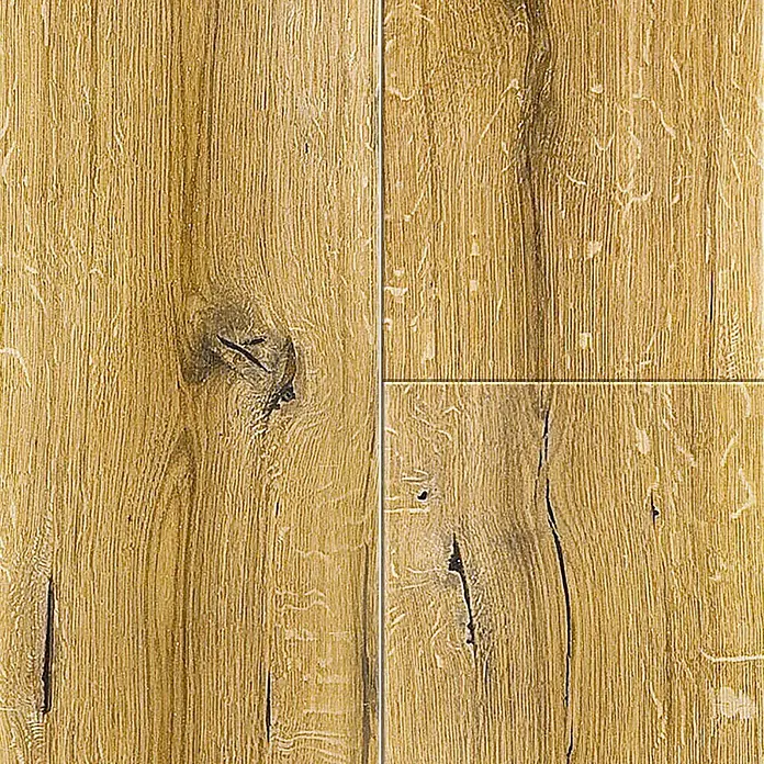 Parkett - Eiche natur geölt, Landhausdiele, 1.092 x 180 x 14 mm - Nahaufnahme von vier Paneelen hellem Holzlaminat mit ausgeprägter Maserung und Astlöchern für ein natürliches Aussehen.