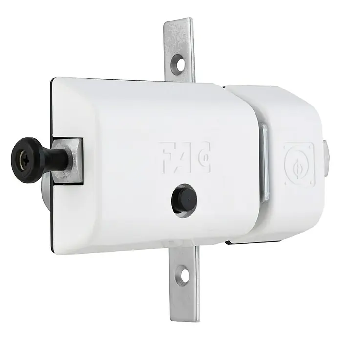 FAC Cerrojo UVE Magnet - L x An x Al: 169 x 40 x 29,5 mm, Blanco - Primer plano de una cerradura de puerta FAC blanca con soportes plateados, que proporciona seguridad y protección para puertas.