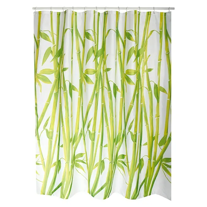 Venus Cortina de baño Bambú - An x Al: 180 x 200 cm, Plástico, Blanco/Verde - Una cortina de ducha con estampado de bambú en tonos verdes y amarillos sobre un fondo blanco, que aporta un ambiente fresco y natural al baño.