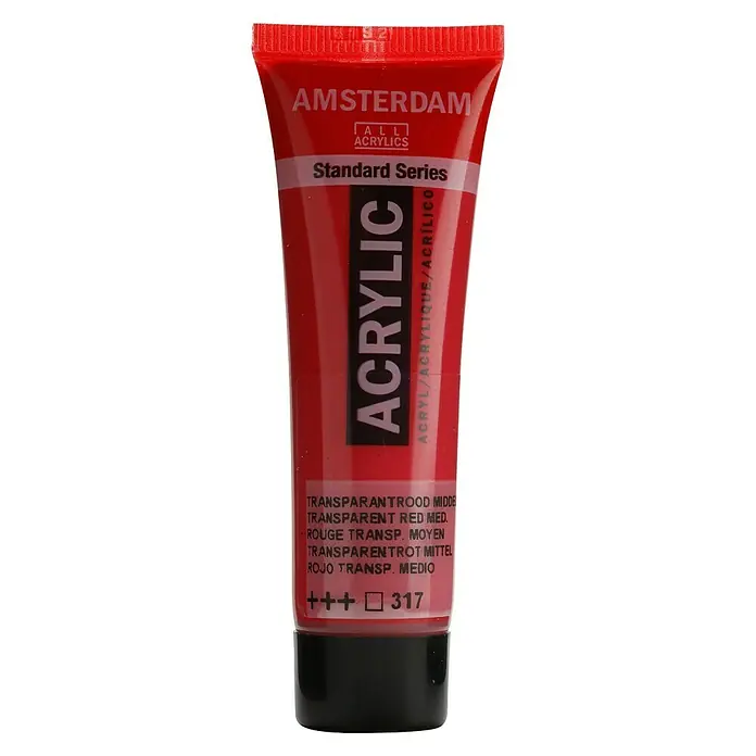 Talens Amsterdam Pintura acrílica Standard - Rojo transparente medio, 20 ml, Tubo - Tubo de pintura acrílica roja Amsterdam Standard Series, ideal para artistas y proyectos creativos.