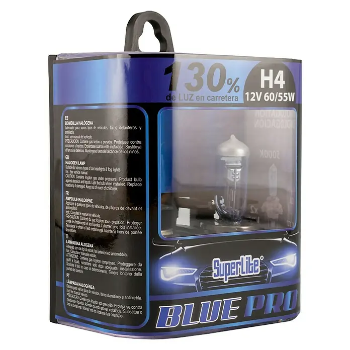 Bombilla para faro delantero BOM12721 - 12 V, 2 ud., Azul - Embalaje de una bombilla halógena Superlite Blue Pro H4, 12V 60/55W, para faros de coche y luces antiniebla que promete un 130% más de luz.