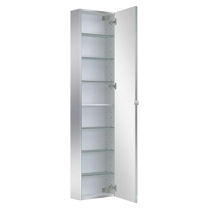 Camargue Espacio Spiegel-Hochschrank - 40 x 17 x 170 cm - Ein offener, schmaler Badezimmerschrank mit sechs Glasböden und einer verspiegelten Tür bietet viel Stauraum im Bad.