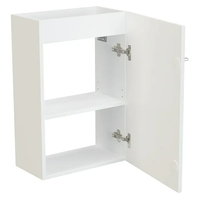 Camargue Espacio Waschtischunterschrank - 40 x 22 x 60 cm, Mira - Weißer Hängeschrank mit offener Tür, der zwei Fächer und silberne Scharniere zeigt. Ideal für Badezimmer oder kleine Räume.